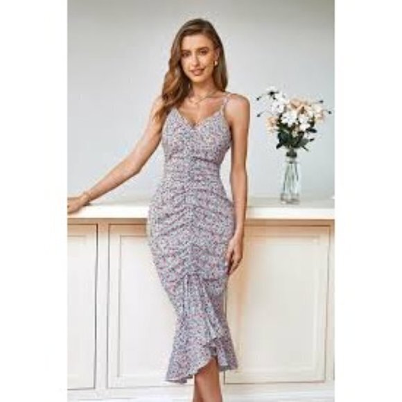 CUPSHE V Neck Adjustable Straps Slip Dress Floral Print Ruffled Drawstring sz XL - Picture 11 of 16